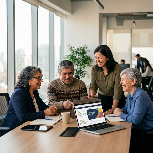Profesionales chilenos trabajando con entusiasmo y confianza